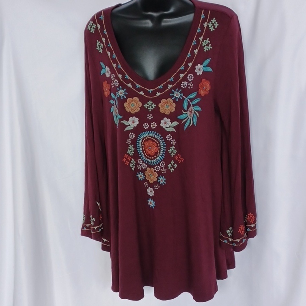 Caite Embroidered Burgundy Boho Floral Tunic Dress, L, 20" Ptp, 30" Long, Strech